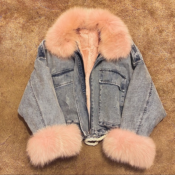 Real Rabbit Fur distressed Jean Coat - Picture 1 of 7